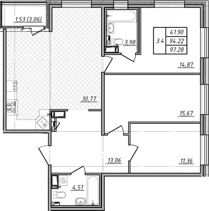 3-комнатная квартира 94.22 м², 2/14 эт., ЖК «Чёрная речка»